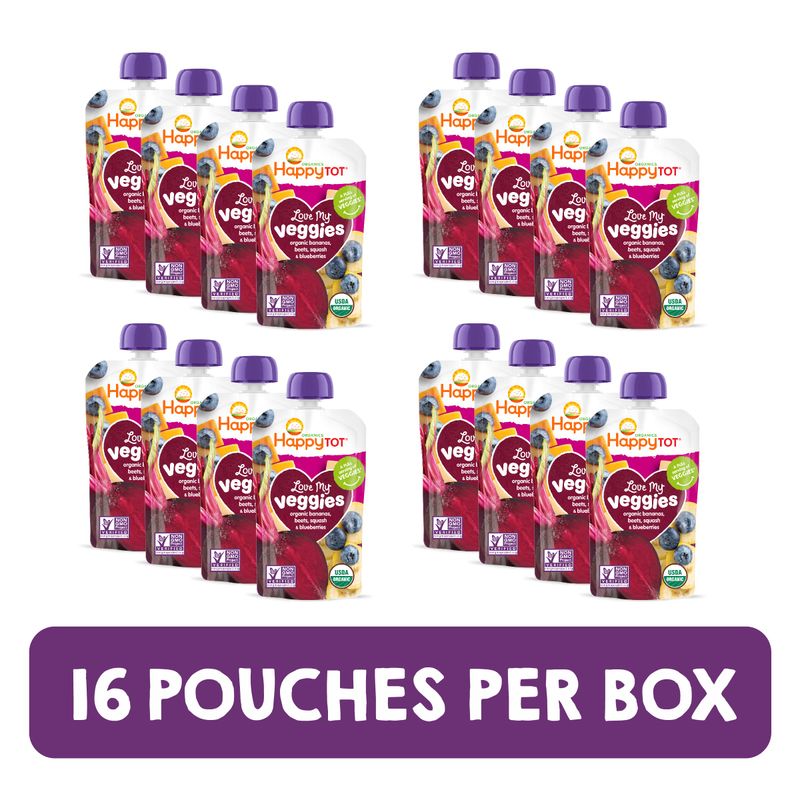 Happy Tot Organics Stage 4 Baby Food Pouches, Gluten Free, Vegan Snack, Love My Veggies, Fruit &amp; Veggie Puree, Banana, Beet, Squash &amp; Blueberry, 4.22 Ounce (Pack of 16)