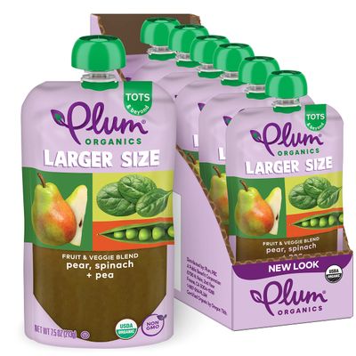Plum Organics Tots &amp; Beyond Pear Spinach &amp; Pea Fruit &amp; Veggie Blend, Kosher, USDA Certified Organic, Non-GMO, 7.5 Ounce (Pack of 6)