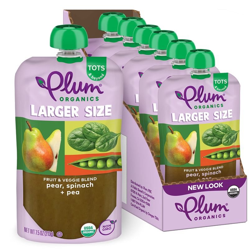 Plum Organics Tots &amp; Beyond Pear Spinach &amp; Pea Fruit &amp; Veggie Blend, Kosher, USDA Certified Organic, Non-GMO, 7.5 Ounce (Pack of 6)