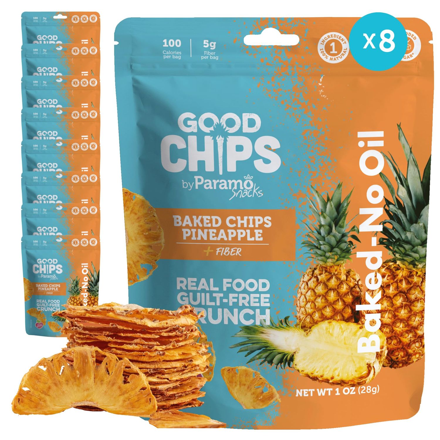 Good Chips Baked Crunchy Pineapple - Crispy, Oil Free, Healthy, Naturally Sweet Dried Fruit Snacks - 1 oz - Pack of 8