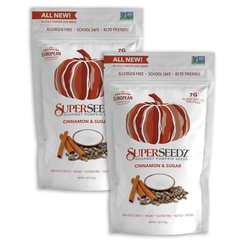 Super Seedz - Gourmet Roasted Styrian Pumpkin Seeds, 5 oz Package (Pack of 2) Cinnamon &amp; Sugar - Non Gmo, Vegan and Gluten Free Snacks
