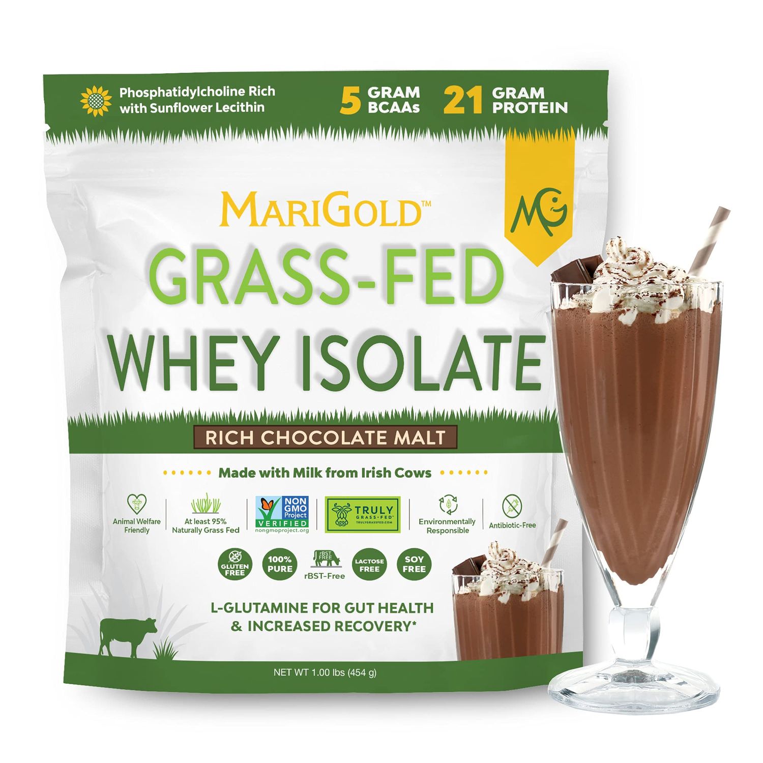 MariGold Grass-fed Whey Protein Isolate Powder - Rich Chocolate Malt Flavor - 1 Lb  100% Pure, Cold-Processed, Micro-Filtered, Undenatured, Non-GMO, rBGH Free, Soy Free, Gluten Free, Lactose Free