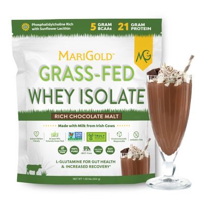 MariGold Grass-fed Whey Protein Isolate Powder - Rich Chocolate Malt Flavor - 1 Lb  100% Pure, Cold-Processed, Micro-Filtered, Undenatured, Non-GMO, rBGH Free, Soy Free, Gluten Free, Lactose Free