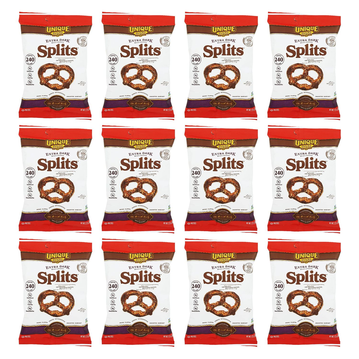 Unique Snacks Extra Dark Splits Pretzels, Original Split-Open Pretzels, Delicious Homestyle-Baked Snack Bag, Vegan, OU Kosher, and Non-GMO Food, No Artificial Flavor, 2.12 Oz. Bag, Pack of 12