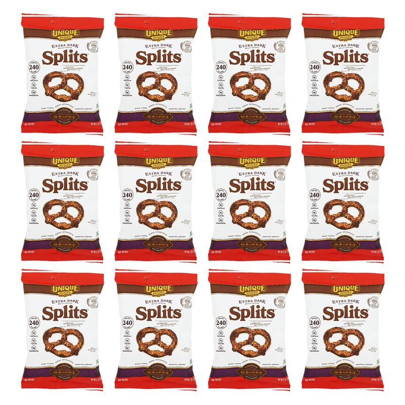 Unique Snacks Extra Dark Splits Pretzels, Original Split-Open Pretzels, Delicious Homestyle-Baked Snack Bag, Vegan, OU Kosher, and Non-GMO Food, No Artificial Flavor, 2.12 Oz. Bag, Pack of 12