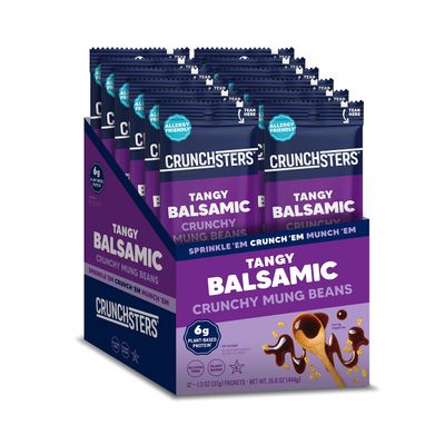 Crunchsters Crunchy Mung Beans, Plant-Based Protein Super-Snack and Salad Topper, Gluten-Free, Nut-Free, Vegan, 6g Protein per Serving, 1.3oz. Bags, 12 Pack (12 Count, Tangy Balsamic)
