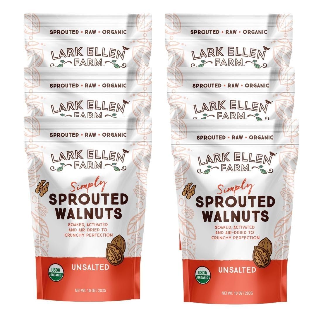 Lark Ellen Farm Unsalted Walnuts, Raw Sprouted Healthy Snack, Keto, Certified USDA Organic, Gluten-Free, Vegan, Individual Whole Nuts (10 Oz, 6 Pack)