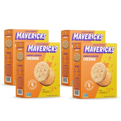 Mavericks Sandwich Crackers Cheddar - Cheese Crackers, Snack Crackers, Whole Grain Sandwich Cracker Snack Packs, Cheese Filled Cracker Sandwiches, Non-GMO - 7 oz Box (4 Pack)