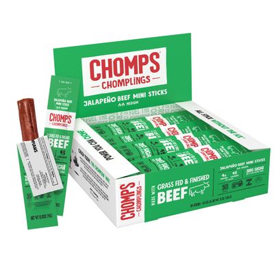 Chomps Snack Size Grass-Fed and Finished Jalapeo Beef Jerky Snack Sticks 0.5oz 24-Pack - Keto, Paleo, Whole30, 4g Lean Meat Protein, Gluten-Free, Zero Sugar Food, Non-GMO Chomplings