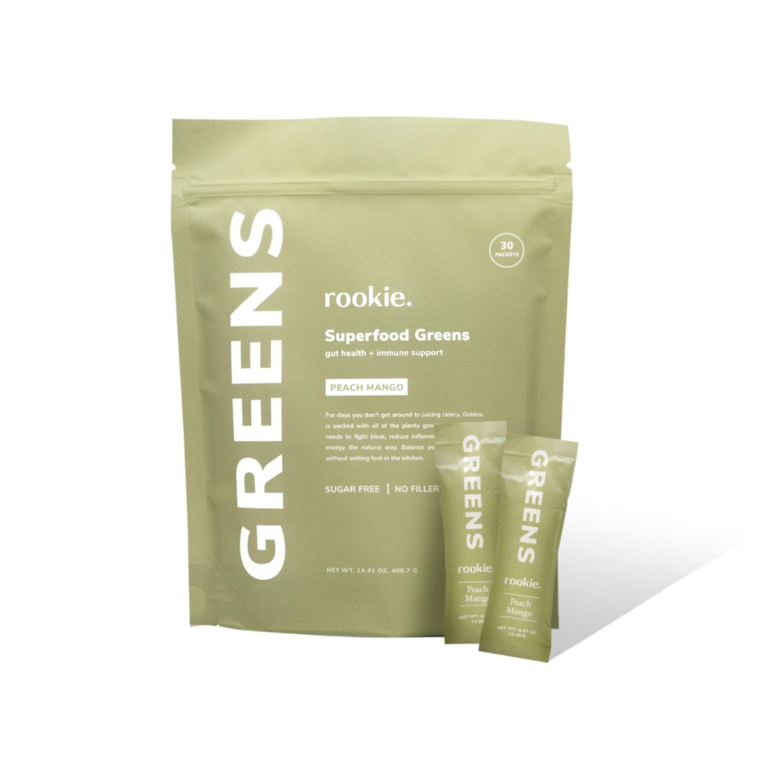 Natural Greens Supplements Superfood Powder Drink by Rookie Wellness, Gut Support Digestive Enzyme, Improve Mood, Immune Support, Peach Mango Greens Powder (30 Serving Bag)