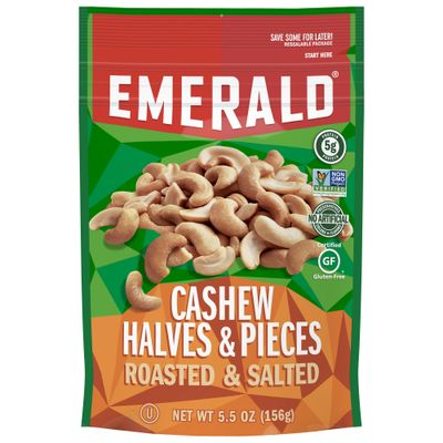 Emerald Nuts Roasted and Salted Cashews Halves and Pieces (1-Pack), 5.5oz Resealable Bag, Kosher Certified, Non-GMO, Contains No Artificial Preservatives, Flavors or Synthetic Colors