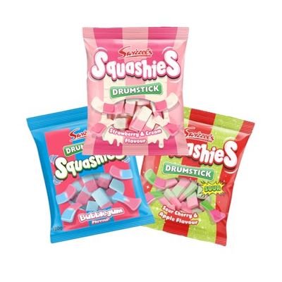 Squashie Drumstick Candy Variety Pack - 3-Pack Deal (120g Each) - Bubblegum, Sour Cherry &amp; Apple, Strawberry &amp; Cream - Imported from the UK