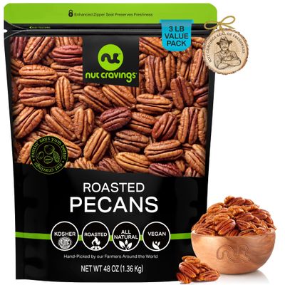 NUT CRAVINGS - Pecans Halves, Roasted &amp; Unsalted, No Shell (48oz - 3 LB) Bulk Nuts Packed Fresh in Resealable Bag - Healthy Protein Food Snack, All Natural, Keto Friendly, Vegan, Kosher