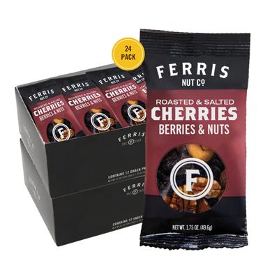 Ferris Coffee &amp; Nut Co. Roasted and Salted Cherries, Berries and Nuts - Individually Wrapped Gourmet Trail Mix with Dried Fruits - Healthy Snacks for Kids and Adults - 1.75 Oz. Bags (Pack of 24)