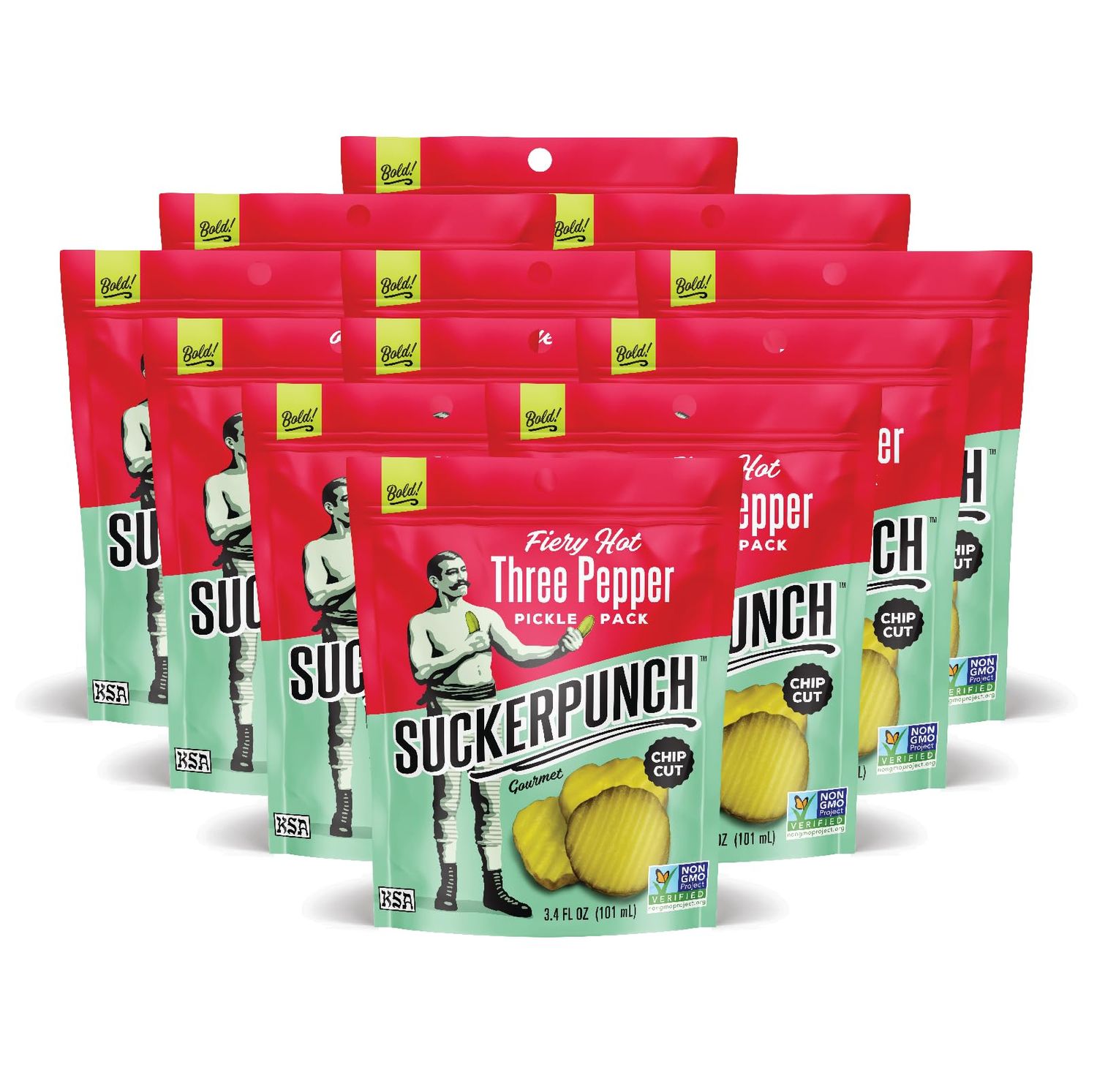 SuckerPunch  Fiery Heat 3-Pepper Chip-Cut  Pickle Pouch Snack Pack  3.4oz Single-Serve (12 units)