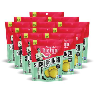 SuckerPunch  Fiery Heat 3-Pepper Chip-Cut  Pickle Pouch Snack Pack  3.4oz Single-Serve (12 units)