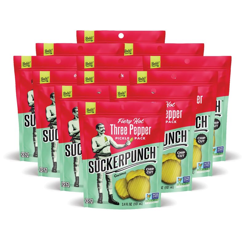 SuckerPunch  Fiery Heat 3-Pepper Chip-Cut  Pickle Pouch Snack Pack  3.4oz Single-Serve (12 units)