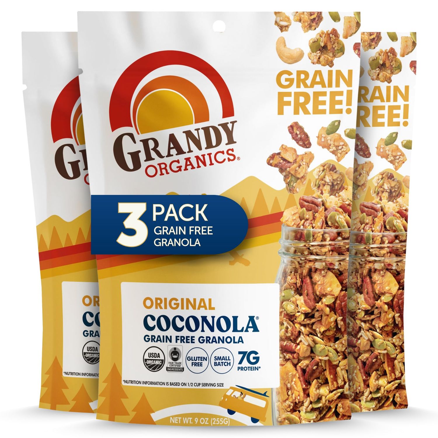 Grandy Organics Original Coconola Granola, Certified Organic Gluten Free Granola, Grain Free, Vegan and Paleo, Original Flavor Coconola, 9oz Each, Pack of 3