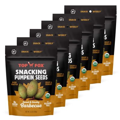 Top Fox Snacks - Organic Pop-Roasted Pumpkin Seeds  Healthy Protein Snacks - Gluten Free - Keto and Vegan Friendly (BBQ, 3.5 oz - 6 Pack)