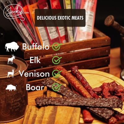 Jerky.com Exotic Jerky Gift Basket - Wild Game Snack Sticks Gift Bag - Venison, Elk, Bison, Wild Boar - Exotic Meat is the Main Ingredient - High Protein Jerky Gifts for Men (12 Piece Gift Bag)