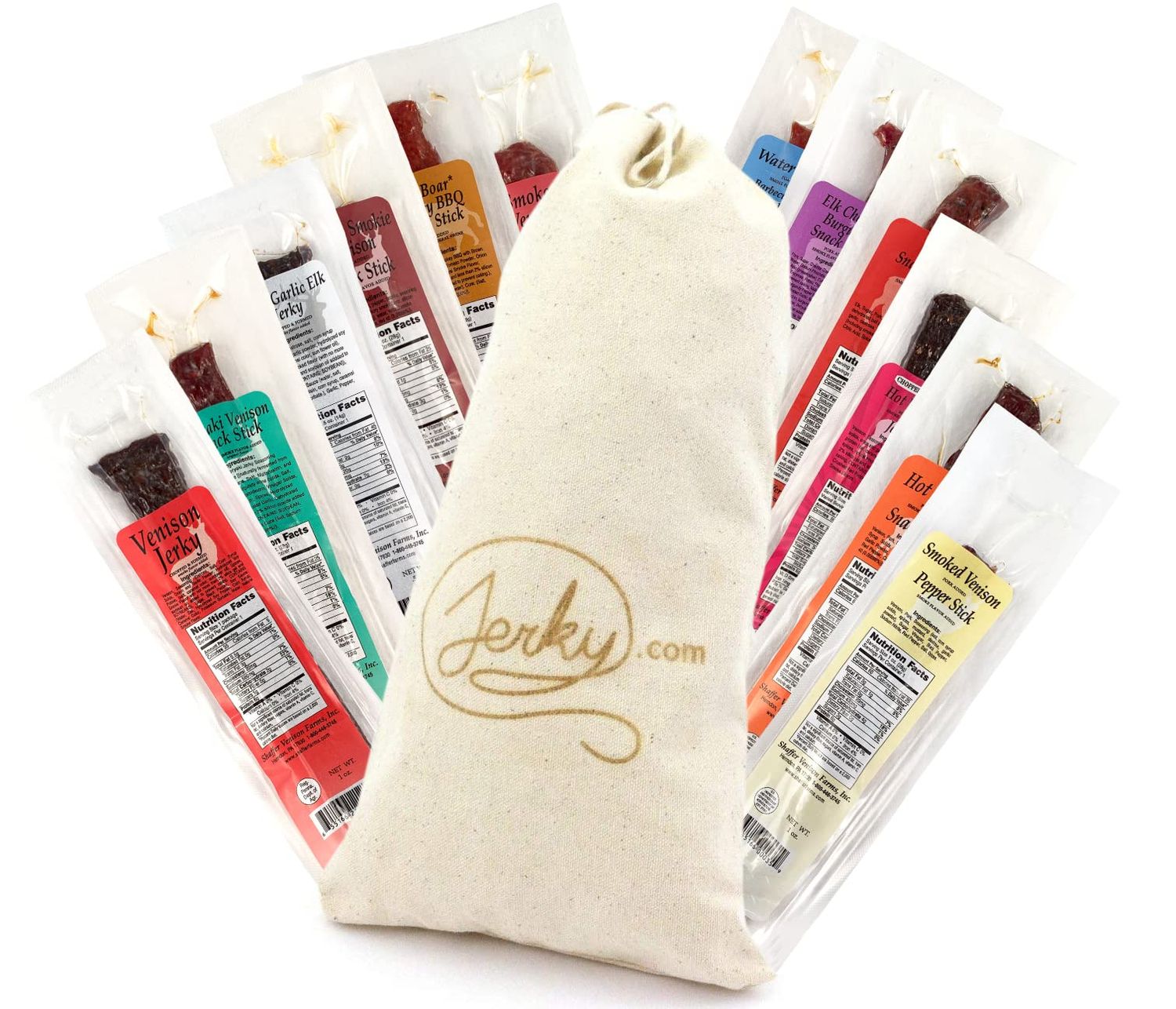 Jerky.com Exotic Jerky Gift Basket - Wild Game Snack Sticks Gift Bag - Venison, Elk, Bison, Wild Boar - Exotic Meat is the Main Ingredient - High Protein Jerky Gifts for Men (12 Piece Gift Bag)