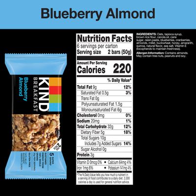 KIND Breakfast Bars, KIND Snack Bars, Blueberry Almond, Gluten Free Breakfast Bars, 100% Whole Grains, 1.76 OZ Packs, 30 Count