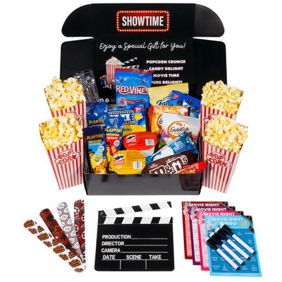 Movie Night Gift Basket - 33-Piece Gift Box with Popcorn, Candy, Snacks &amp; Bingo - Birthdays, Date Night, Family, Kids, Adults, Mom, Dad, Teens, Christmas, Mothers Day, Fathers Day, Raffle &amp; Fundraiser