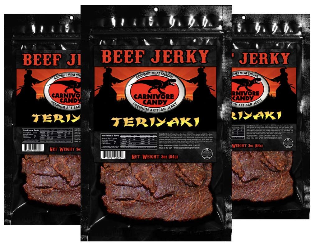 Carnivore Candy Teriyaki Beef Jerky - Beef Jerky with amazing taste, no preservatives, MSG-free, low sodium meat snack. Great protein boost for the gym, office or on the go! (3)-3OZ bags