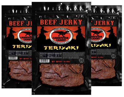 Carnivore Candy Teriyaki Beef Jerky - Beef Jerky with amazing taste, no preservatives, MSG-free, low sodium meat snack. Great protein boost for the gym, office or on the go! (3)-3OZ bags