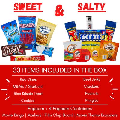 Movie Night Gift Basket - 33-Piece Gift Box with Popcorn, Candy, Snacks & Bingo - Birthdays, Date Night, Family, Kids, Adults, Mom, Dad, Teens, Christmas, Mothers Day, Fathers Day, Raffle & Fundraiser