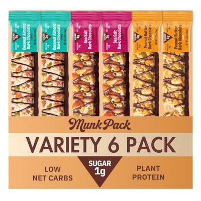 Munk Pack Variety Pack Snack Bars - 5g Protein, 1g Sugar, 5g Protein, Keto and Gluten Free Snack for Adults and Kids, Coconut Almond, Dark Chocolate Sea Salt, Peanut Butter Dark Chocolate, 6 Pack