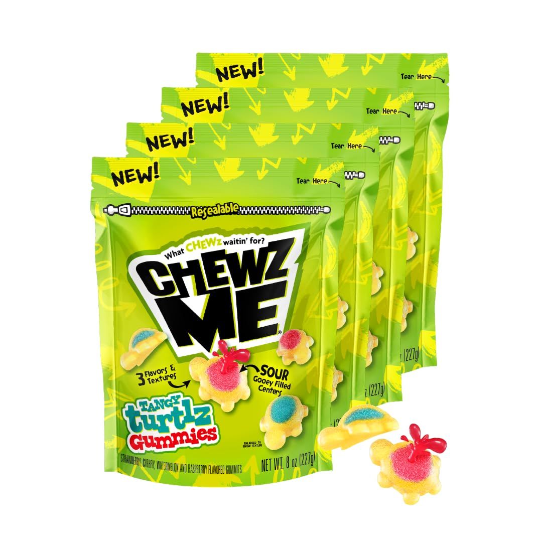 ChewzMe Tangy Turtlz Gummies, Turtle Shaped Jelly-Filled Gummy and Chewy Candy in Assorted Flavors, 8 Ounce (Pack of 4)