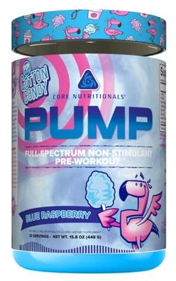 Core Nutritionals Pump Full-Spectrum Non-Stimulant Pre-Workout, with N03T Nitrate, Peak02, Alpha GPC, for Maximum Pump, Strength, and Performance 20 Servings (Fun Sweets Cotton Candy Blue Raspberry)