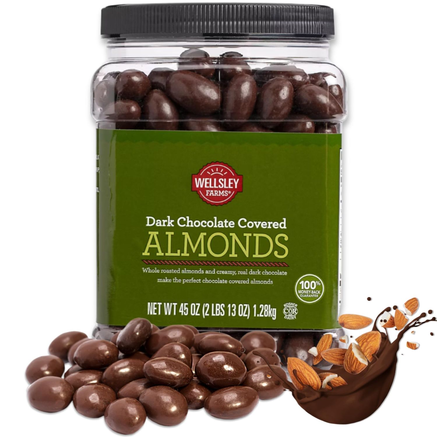 Wellsley Farms Dark Chocolate Covered Almonds - 2lbs 13oz  Whole Roasted Almonds with Real Creamy Dark Chocolate  Kosher, Gluten-Free Snack