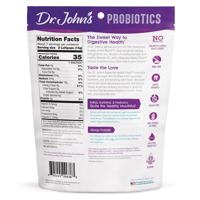 Dr. Johns Sugar Free Candy, Healthy Lollipops with Zero Sugar, Low Calorie Snacks, Keto Friendly Hard Candy Sweets, Probiotics for Kids, Oval, 14 Count, 3.85 OZ