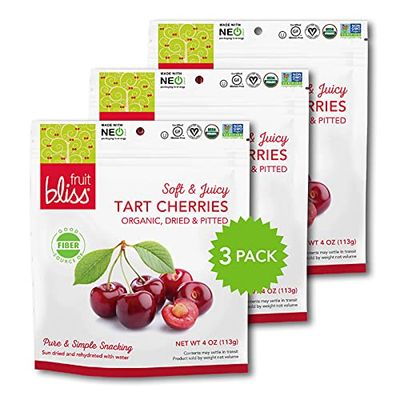 Organic Dried Cherries, Dried Fruit Snacks - Soft &amp; Juicy Pitted Tart Cherry - Organic Fruit Snacks, Natural Dried Fruit Pouches, Non-GMO, Gluten-Free, Vegan Snacks (3 Pack - 4 Oz)