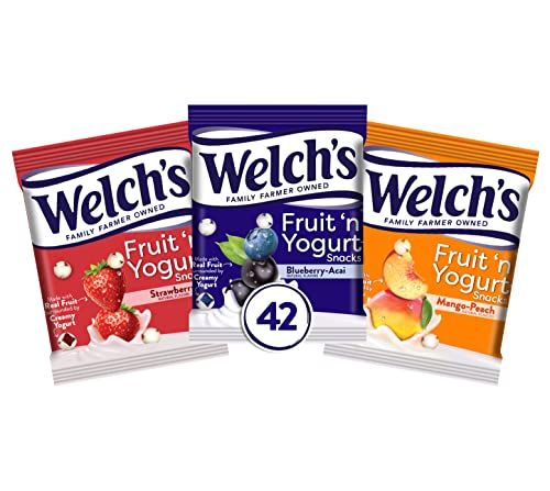 Welch&#39;s Fruit Snacks, Fruit &#39;n Yogurt Variety Pack, Strawberry, Blueberry Acai, Mango Peach, Bulk Pack, Individual Single Serve 0.7 oz Bags (Pack of 42)