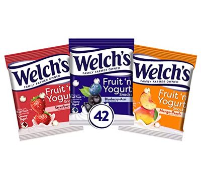 Welch&#39;s Fruit Snacks, Fruit &#39;n Yogurt Variety Pack, Strawberry, Blueberry Acai, Mango Peach, Bulk Pack, Individual Single Serve 0.7 oz Bags (Pack of 42)