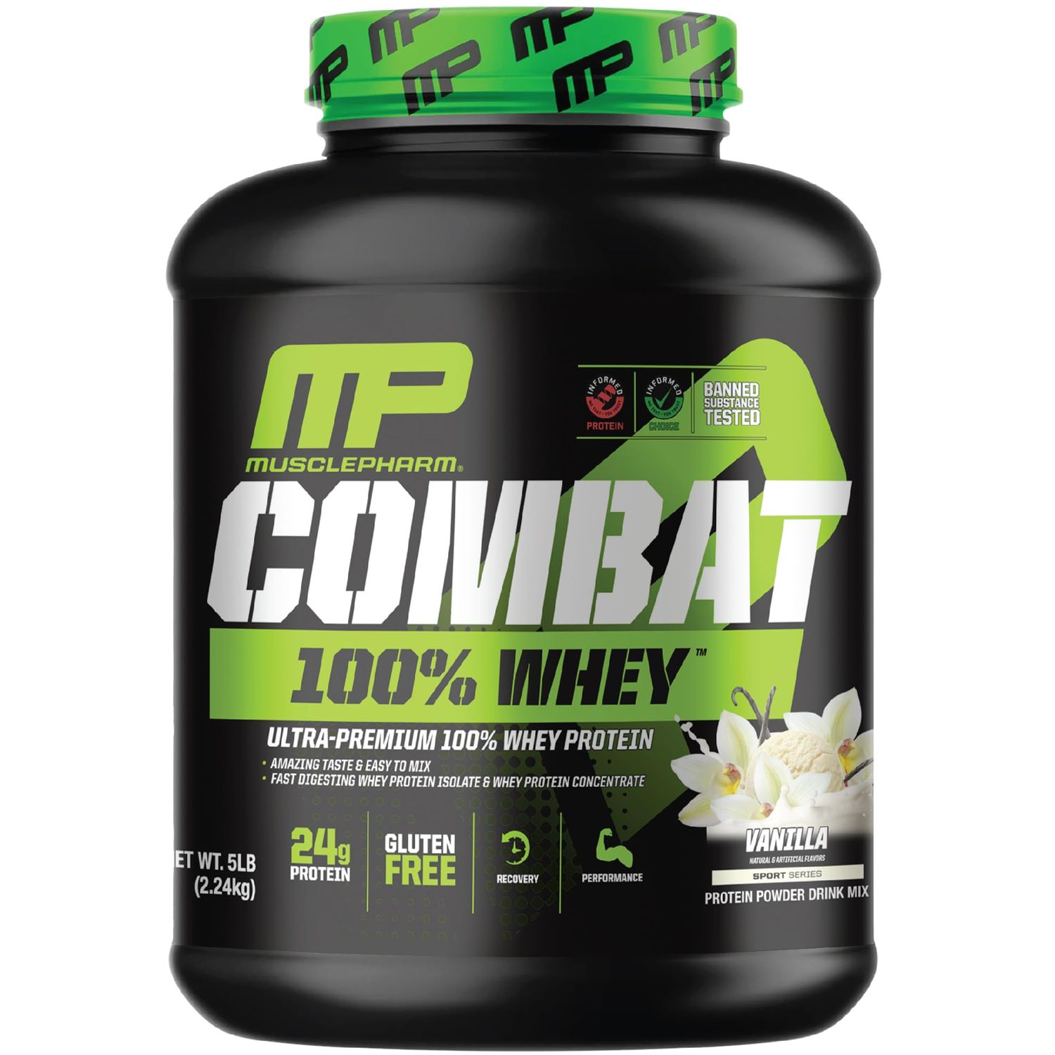 MusclePharm Combat 100% Whey Protein Powder, Vanilla Flavor, Fast Recovery &amp; Muscle Gain with Whey Protein Isolate, High Protein Powder for Women &amp; Men, Gluten Free, 5 lb, 70 Servings