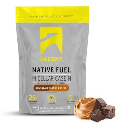 Ascent Casein Protein Powder - 25g Micellar Casein Powder with Zero Artificial Flavors &amp; Sweeteners, Gluten Free, No Added Sugar, 4.9g BCAA, 2.2g Leucine - Chocolate Peanut Butter, 2 Pounds