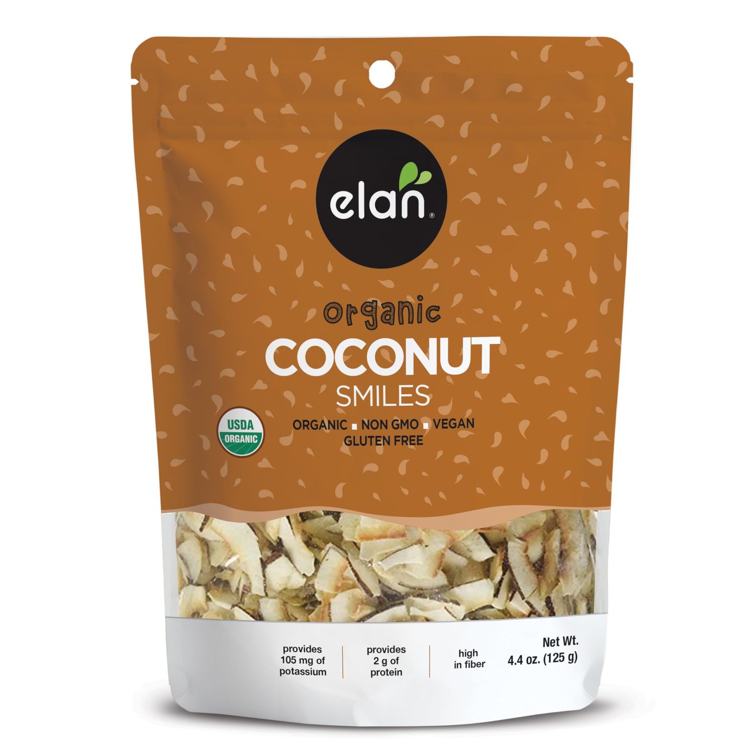 Elan Organic Coconut Smiles, 4.4 oz, Dried Coconut, Lightly Roasted, Unsweetened Coconut Chips, No Sugar Added, Non-GMO, Vegan, Gluten-Free, Kosher
