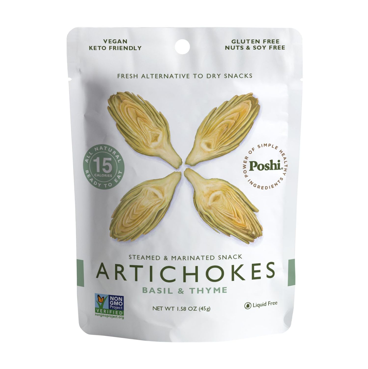 POSHI Marinated Artichoke Hearts Snack Pack  Basil  Thyme  Keto, Vegan, Paleo, Non GMO, Low Carb  Calorie, Gluten Free, Fully Cooked Vegetables, Gourmet, Healthy, All Natural (10 Pack, 1.58 oz)