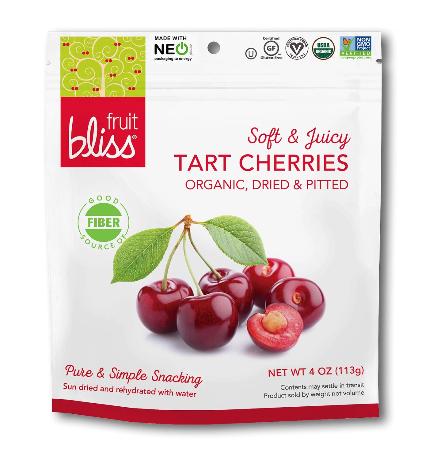 Organic Dried Cherries, Dried Fruit Snacks - Soft &amp; Juicy Pitted Tart Cherry - Organic Fruit Snacks, Natural Dried Fruit Pouches, Non-GMO, Gluten-Free, Vegan Snacks (3 Pack - 4 Oz)