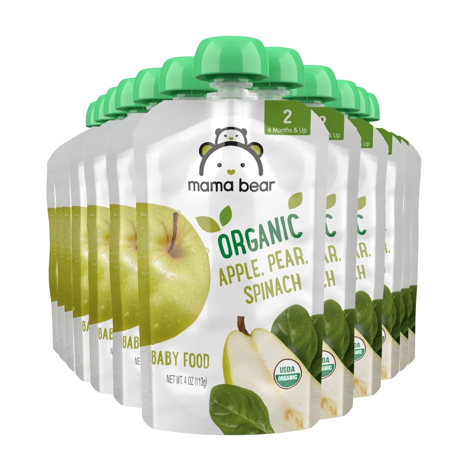 Amazon Brand - Mama Bear Organic Baby Food, Stage 2, Apple, Pear, Spinach, 4 ounce (Pack of 12)