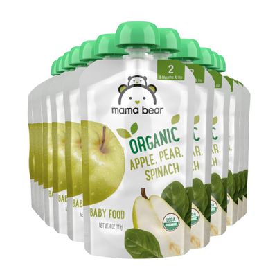 Amazon Brand - Mama Bear Organic Baby Food, Stage 2, Apple, Pear, Spinach, 4 ounce (Pack of 12)