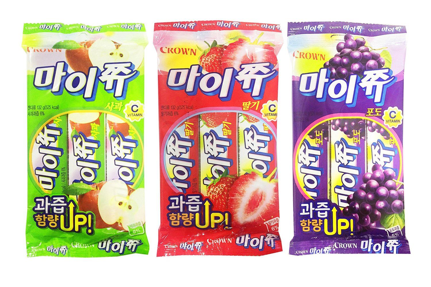 Korean Chewy Fruit Snack My Jju Gummy Variety Pack - Strawberry, Grape, Apple (Pack of 3)