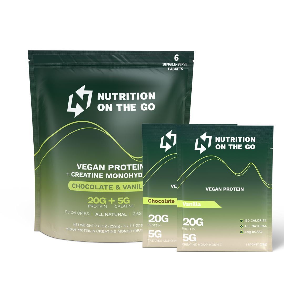 Nutrition On The Go Vegan Protein Powder with Creatine - 20g Protein, 5g Creatine - Chocolate &amp; Vanilla Single-Serve Packets for Travel, On-The-Go, Dairy-Free, Gluten-Free, All-Natural - (6-Pack)