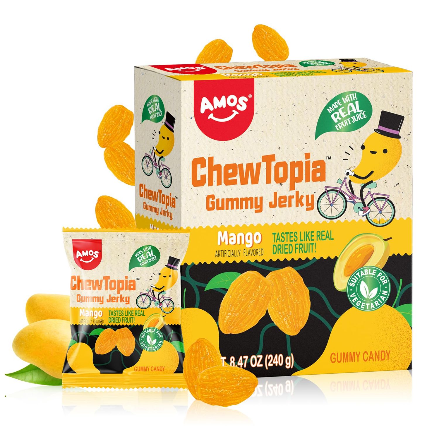 Amos ChewTopia Mango Gummy Jerky - Vegan Chewy Fruit Snack, Tastes Like Real Dried Mango, Soft &amp; Chewy Gummy Candy, 8.47oz Box (Approx. 9 Shareable Packs)
