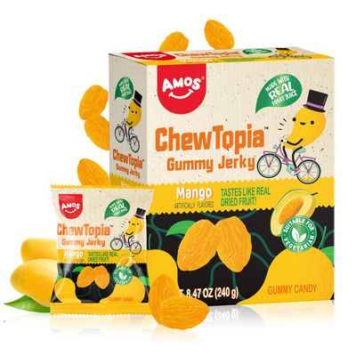 Amos ChewTopia Mango Gummy Jerky - Vegan Chewy Fruit Snack, Tastes Like Real Dried Mango, Soft &amp; Chewy Gummy Candy, 8.47oz Box (Approx. 9 Shareable Packs)