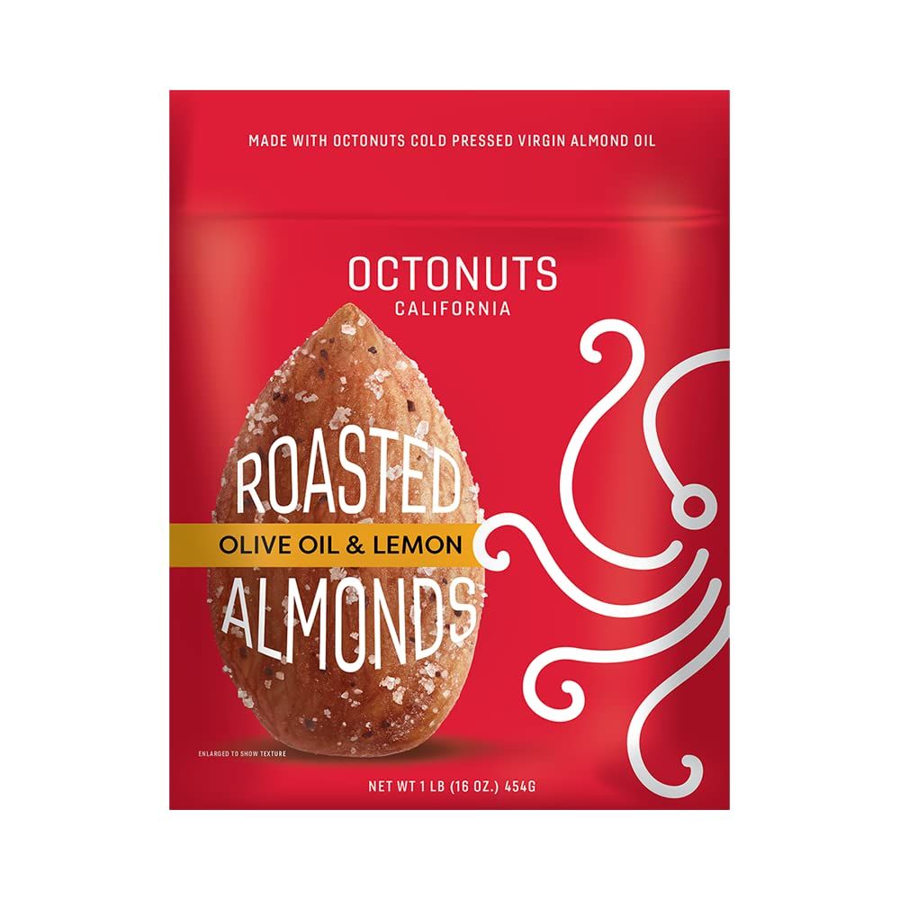 Octonuts Olive Oil &amp; Lemon Almonds 16 oz - Roasted Califronia Almonds - Olive Oil &amp; Lemon Almond Snack - Gluten Free, Paleo Vegan, Kosher, Keto, Non-GMO, Sweet and savory healthy nut snacks
